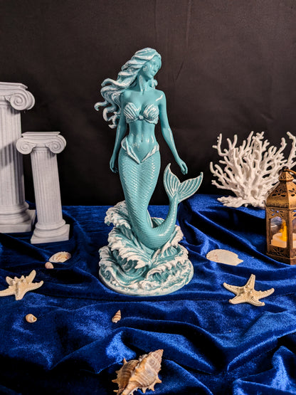 Mermaid Statue on Ocean Waves | Sea Siren Sculpture