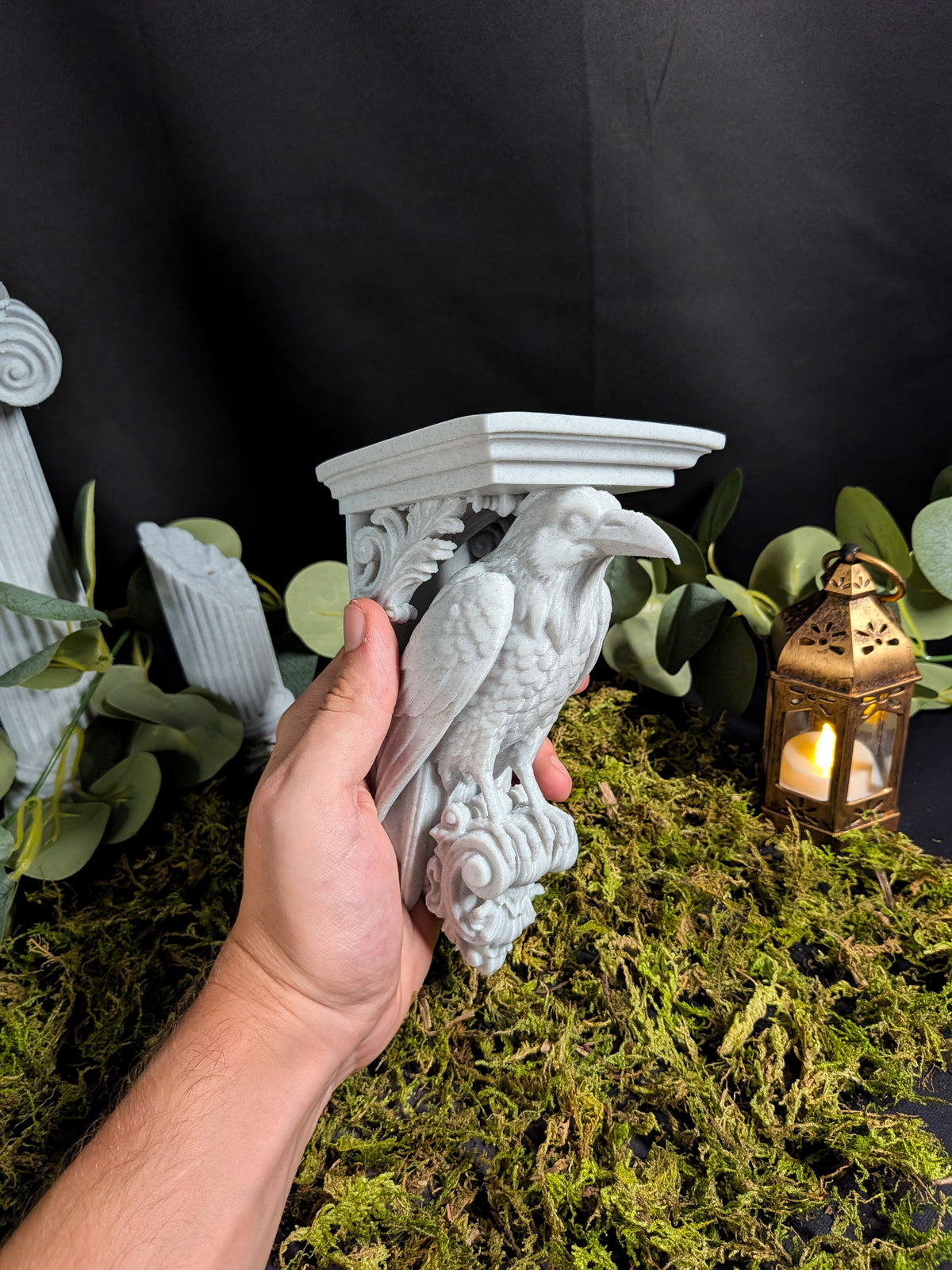 Raven Corbel Wall Shelf Bracket - Marble Style Gothic Bird Decor
