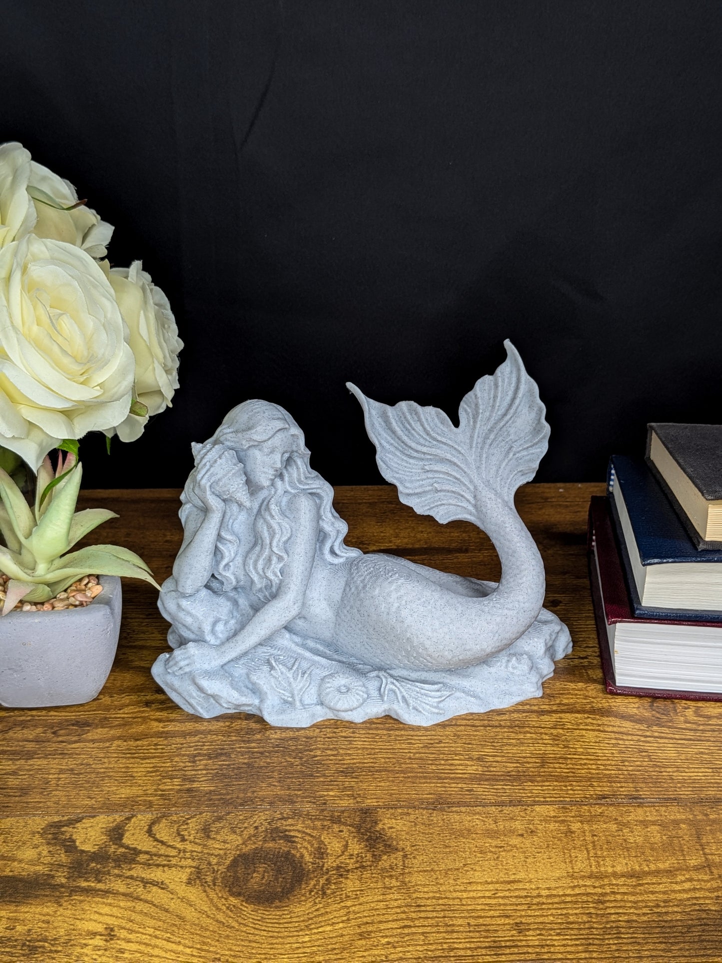Mermaid Statue with Conch Shell - Marble Finish Mermaid Sculpture