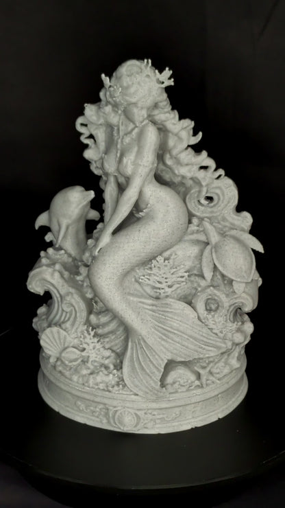 Mermaid Statue with Dolphin & Sea Turtle | Marble Style Ocean Goddess Sculpture